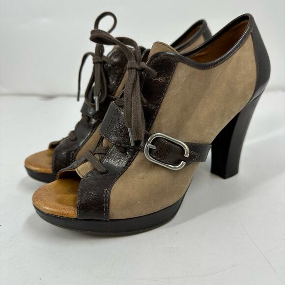 Anthropologie Naya Kasha Brown Leather Open Toe Lace Up Buckle Strap Heels sz 9‎ - Picture 1 of 10